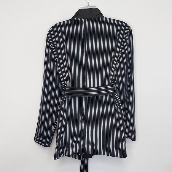 Zara Dark Navy White Striped Women's Relaxed Smoking Jacket Blazer Large - Picture 6 of 15